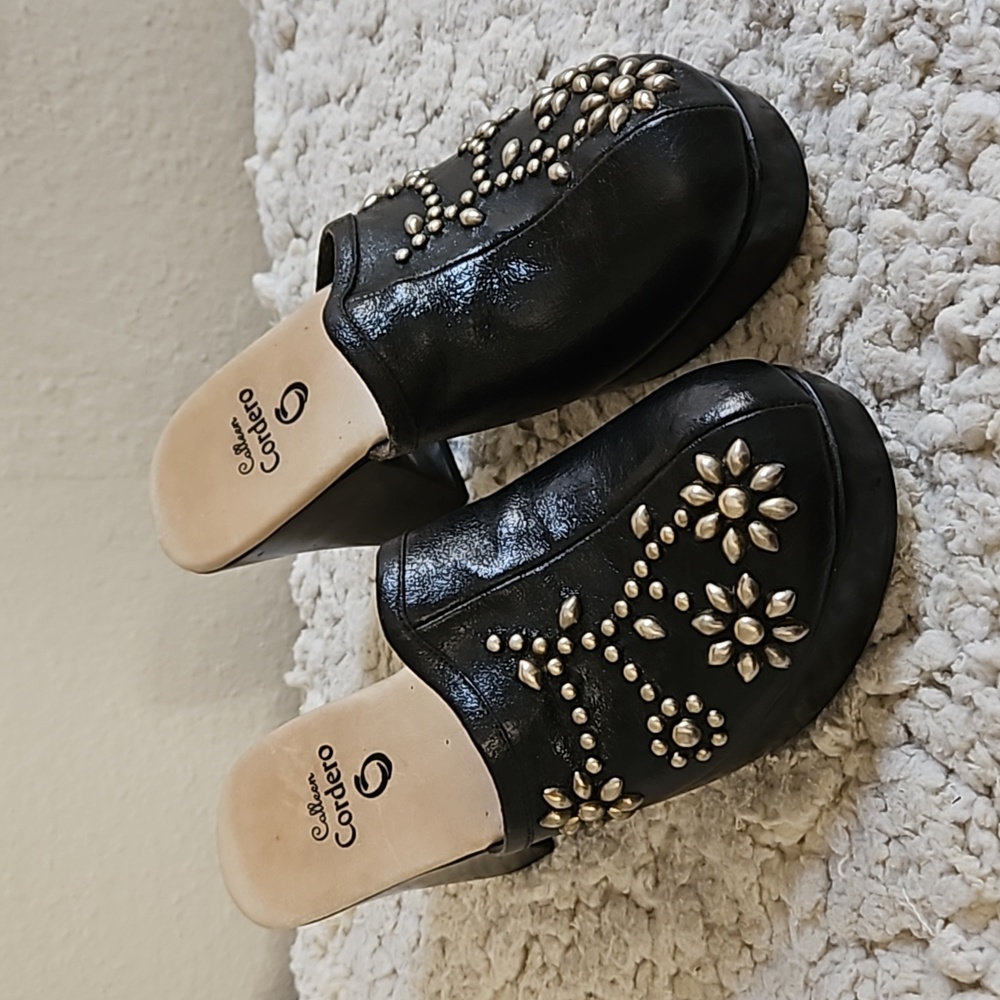 Black Leather embellished Clogs with heel